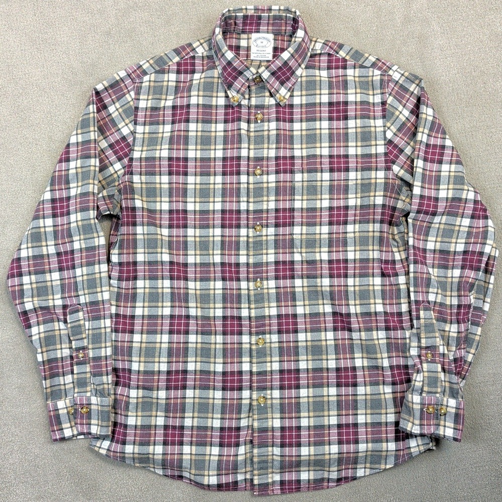 Brooks Brothers Shirt Mens Medium Regent Plaid Burgundy Grey Cotton Button Down